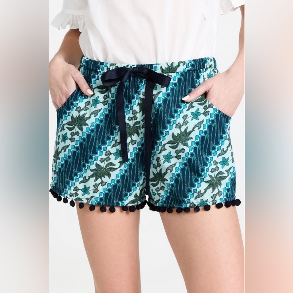 FIGUE Maja Cotton Floral Print Pom Pom Shorts Blue Size Large NEW WITH TAGS